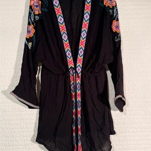Boho Embroidered Black Swim Coverup with Multicolor Trim